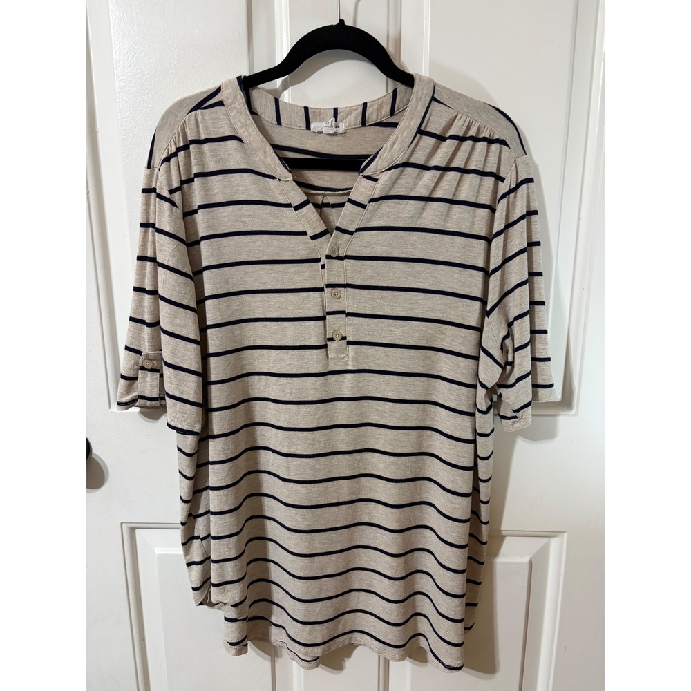 LOANNA | Striped Henley Top || 3X || Tan Navy Blue Roll Tab Sleeve|
